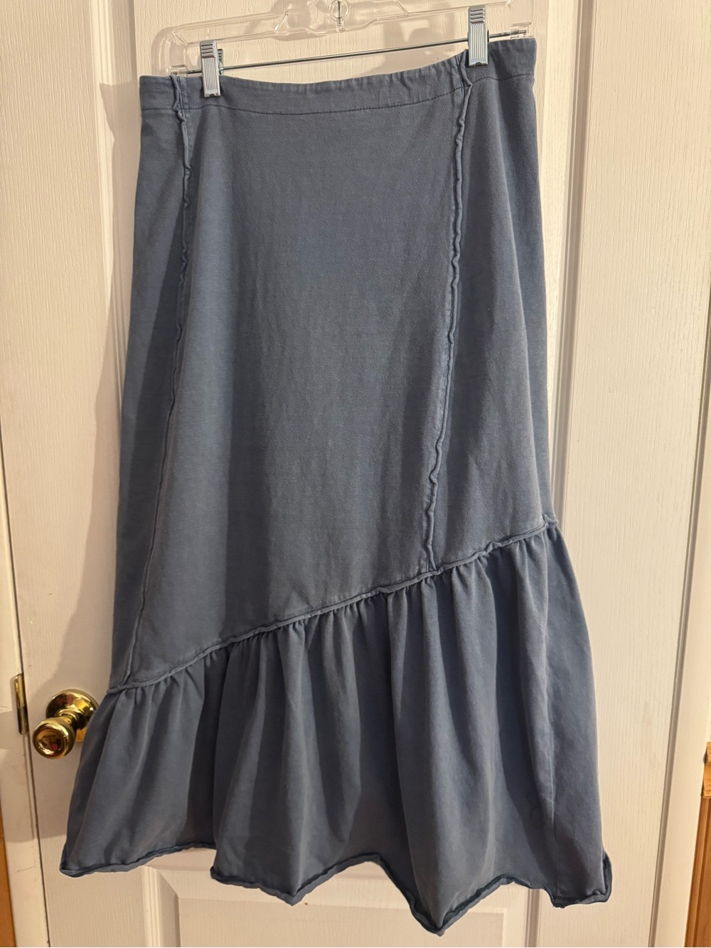 sahalie Washed Blue Midi Skirt with Ruffle Hem